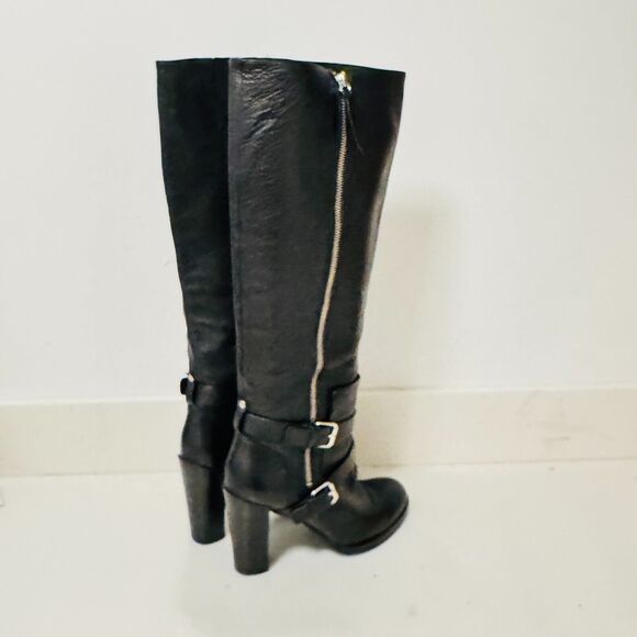Rebecca Minkoff Boots Womens 8.5 Black Leather Moto Double Buckle Heels Billie - Picture 9 of 12